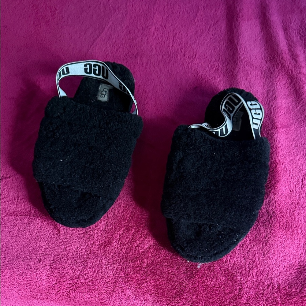 UGG Black Fluffy Slides with Logo Strap